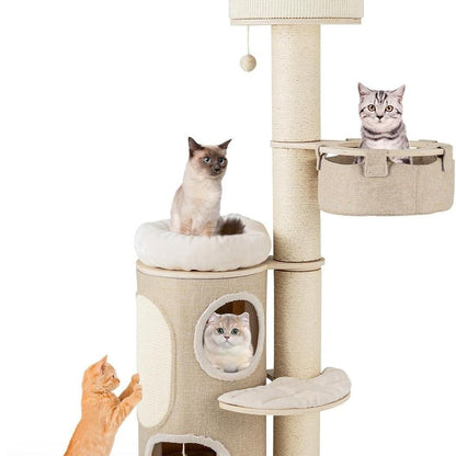 Kattenkrabpaal – Krabpaal – Krabmeubel – Kattenhuis – Klimpaal – 2-laags met Sisal Bekleding – Inclusief Hangmat en Speelballen