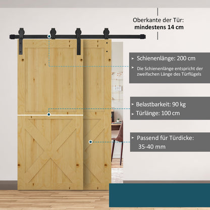 Schuifdeurset – Schuifdeursysteem – Deurbeslag – Ophangset – Rails – 200 cm – Zwart Staal – Compleet Voor Houten Deuren