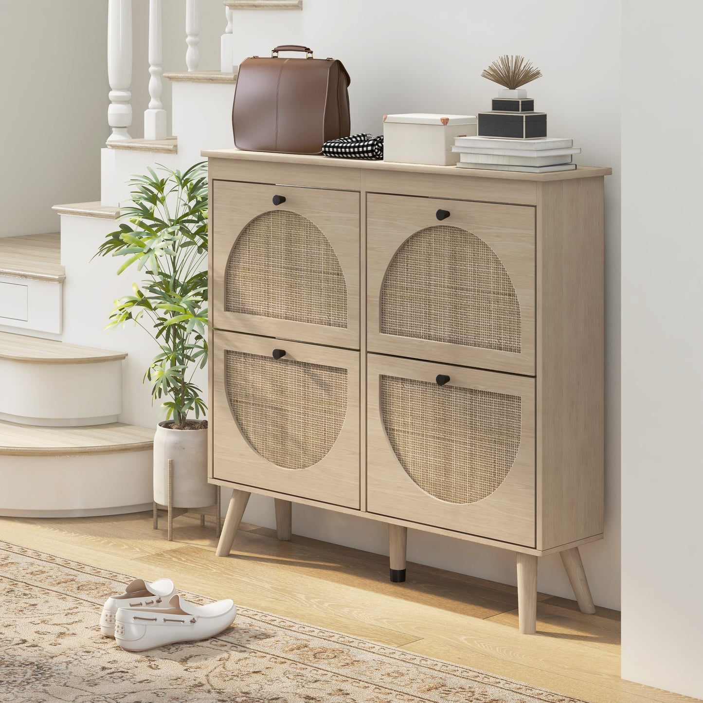 Schoenenkast – Schoenenrek – Schoenopberger – Schoenmeubel – Schoenentoren – Bohemian Stijl – 4 Compartimenten Voor 20 Paar Schoenen – Verstelbare Planken – Naturel Hout