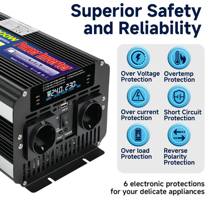 Stroomomvormer – Spanningsomvormer – Omvormer – Inverter – Converter – 24V naar 220V – 4000W Continu Vermogen – LCD Display en Draadloze Afstandsbediening