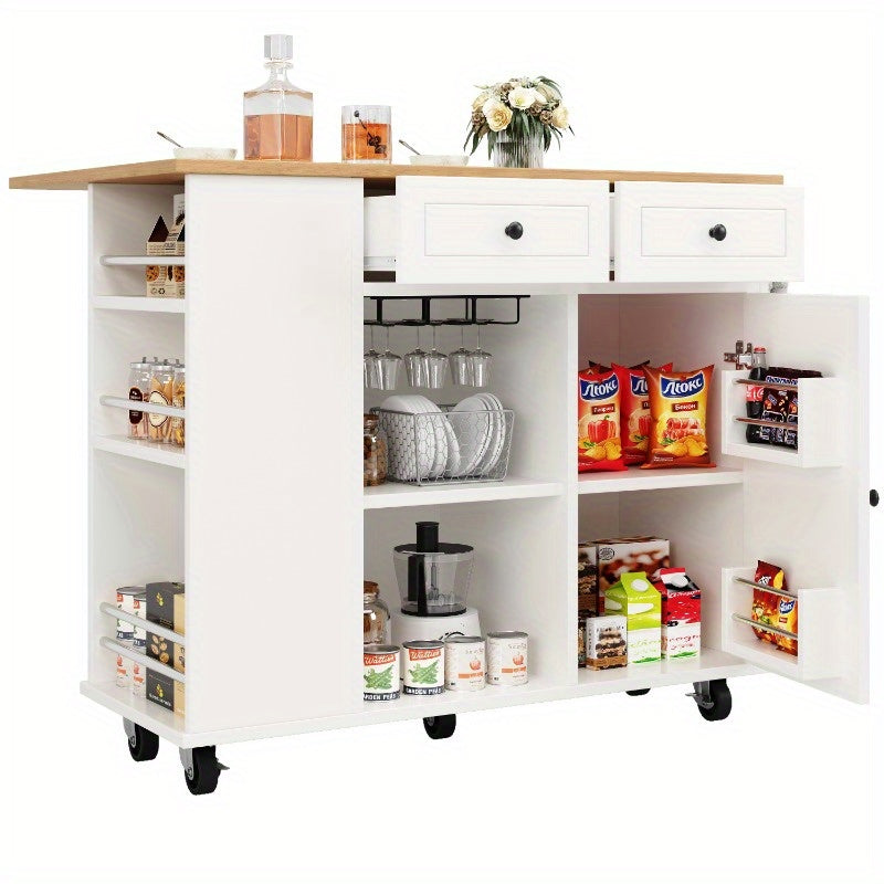 Keukeneiland – Keukenkast – Eilandwagen – Buffetkast – Dressoir – Met Verwijderbare Scheidingswanden – Houten Werkblad – Met Snackbarhouder en Wijnglasrek – Wit