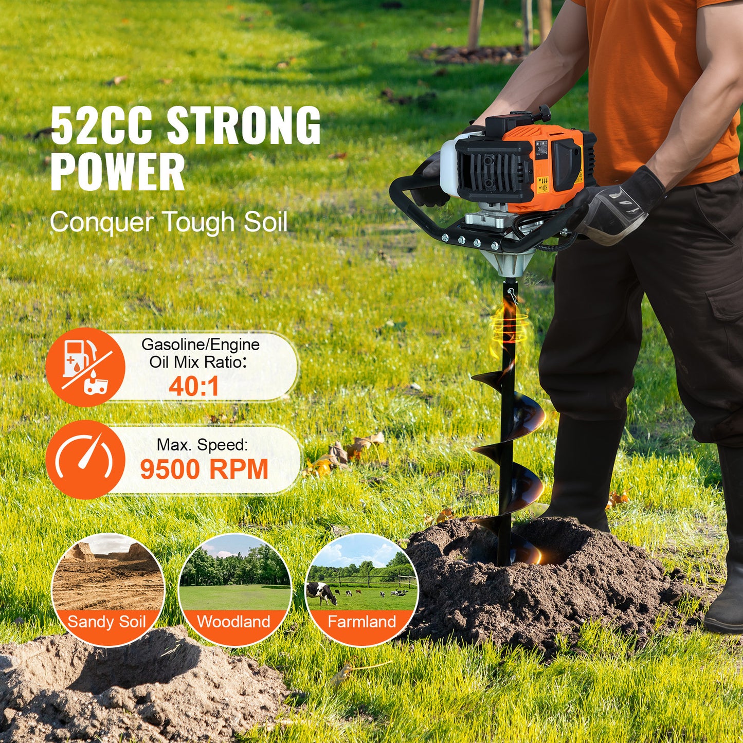 Grondboor – Palenboor – Bollenboor – Tuinboor – Boormachine Boor – 52cc Benzinemotor – 6” & 10” Stalen Boorbits Met Verlengstangen