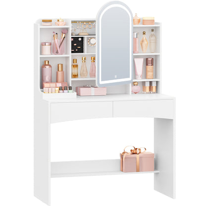 Kaptafel – Make-up Tafel – Vanity Tafel – Cosmeticatafel – Opmaaktafel – Wit houten design – Ronde LED Spiegel 90 cm – Verborgen sieradenlade – 3,2 kubieke voet opbergruimte – Zonder stroom – Eenvoudige montage