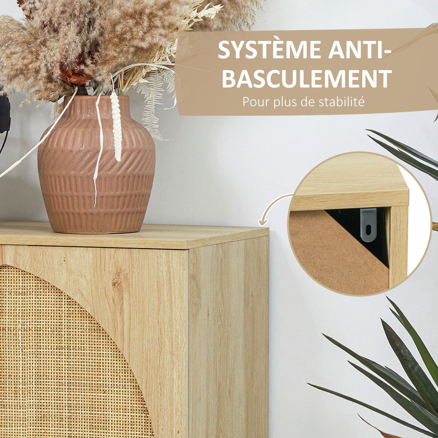 HOMCOM Storage Cabinet Buffet High Wooden And Wicker Design 2 Doors - 80 X 39 X 101.8 Cm Natural
