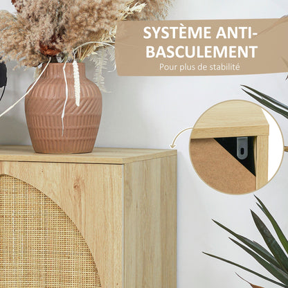 HOMCOM Storage Cabinet Buffet High Wooden And Wicker Design 2 Doors - 80 X 39 X 101.8 Cm Natural