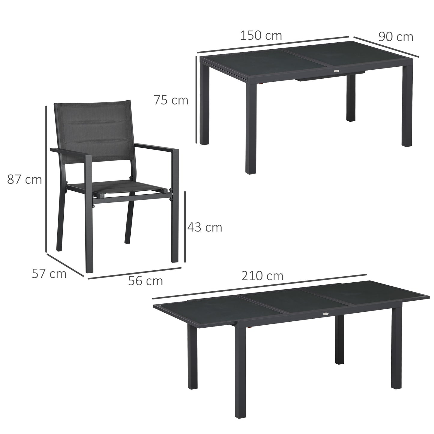 Tuinmeubelset – Tuinset – Loungeset – Zitgroep – Balkonset – Aluminium Frame – Uitschuifbare Tafel 150-210 cm – 6 Stapelbare Stoelen – Grijs
