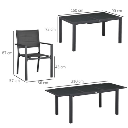 Tuinmeubelset – Tuinset – Loungeset – Zitgroep – Balkonset – Aluminium Frame – Uitschuifbare Tafel 150-210 cm – 6 Stapelbare Stoelen – Grijs