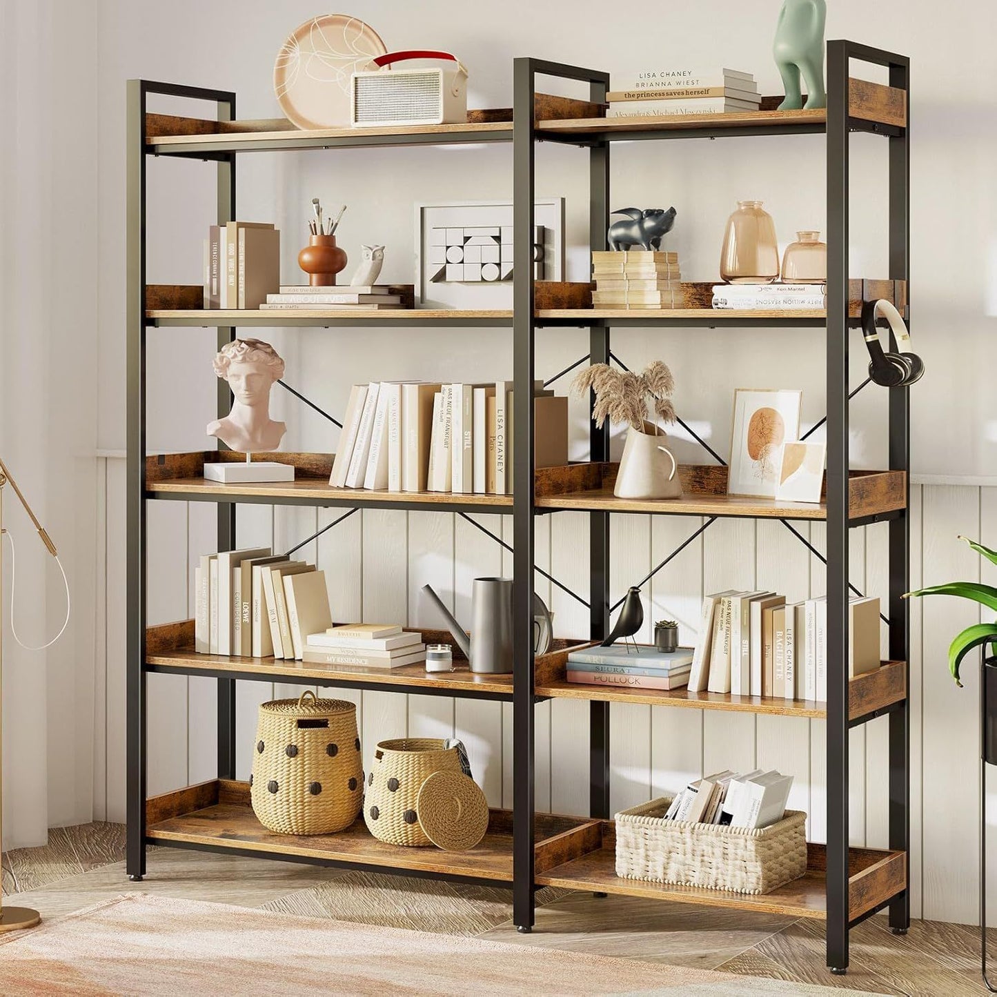 5-Tier L-Shaped Corner Bookshelf Heavy-Duty Metal Space-Saving Tall Shelf with 4 Hooks, Curved Corner Shelves for Books & Decor, Assembly, Brown - Suitable for Bedroom, Living Room, Office, Vertical Unit