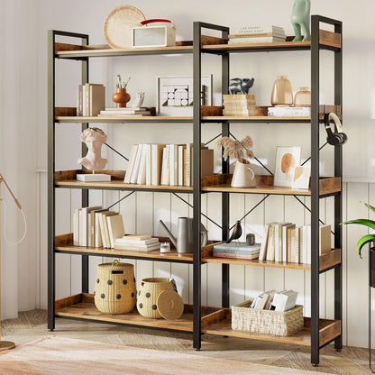 5-Tier L-Shaped Corner Bookshelf Heavy-Duty Metal Space-Saving Tall Shelf with 4 Hooks, Curved Corner Shelves for Books & Decor, Assembly, Brown - Suitable for Bedroom, Living Room, Office, Vertical Unit