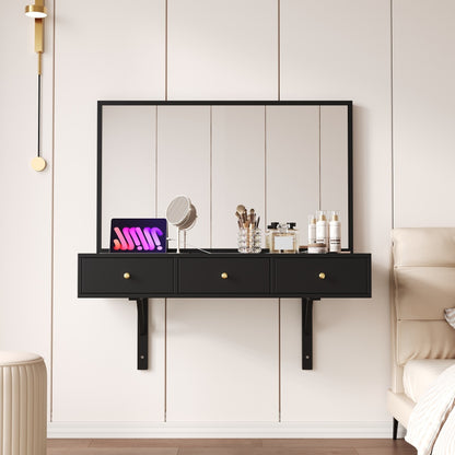 Modern Black Wall-Mounted Vanity Unit with Mirror - 3-Drawer Storage, Tablet Holder & Cup Rack, Space-Saving Bathroom/Bedroom Organizer, Metal Construction, Easy Assembly, 100.08cm Height, 3.2 Cu Ft Capacity, No Batteries/Ele