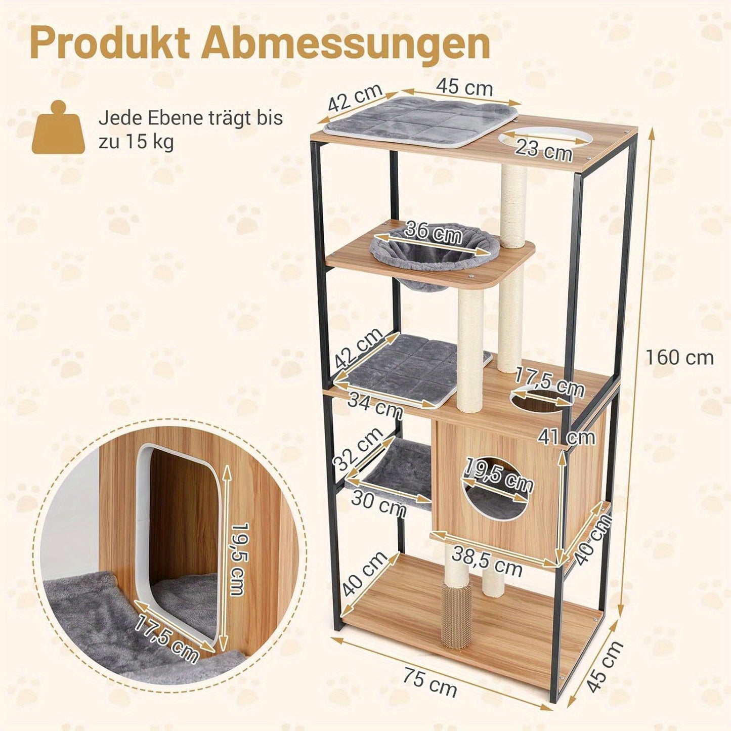 Krabpaal – Kattenboom – Kattenhuis – Kattenmeubel – Kattentoren – 160 cm Hoog – Hout & Metaal Frame – Met Hangmat en Wasbare Kussens