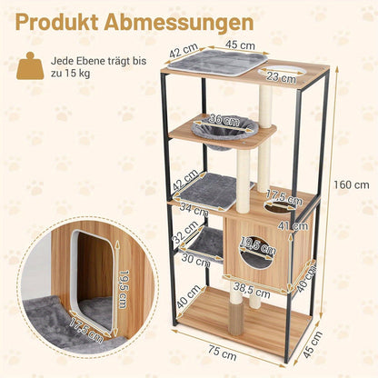 Krabpaal – Kattenboom – Kattenhuis – Kattenmeubel – Kattentoren – 160 cm Hoog – Hout & Metaal Frame – Met Hangmat en Wasbare Kussens