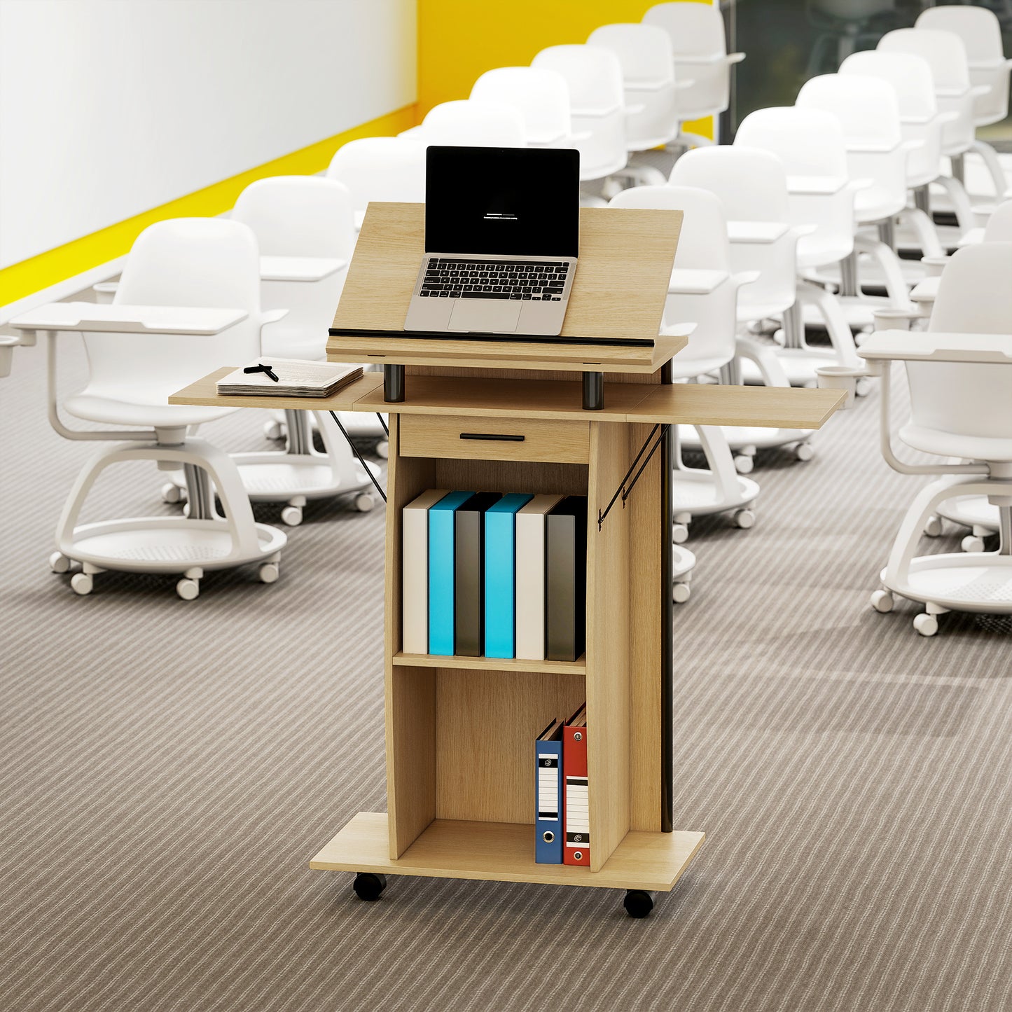 Mobiel Podium – Spreekgestoelte – Presenteertafel – Lecter – Werkplek – Eikenlook Afwerking – Inklapbare Zijpanelen – Lade en Opbergruimte