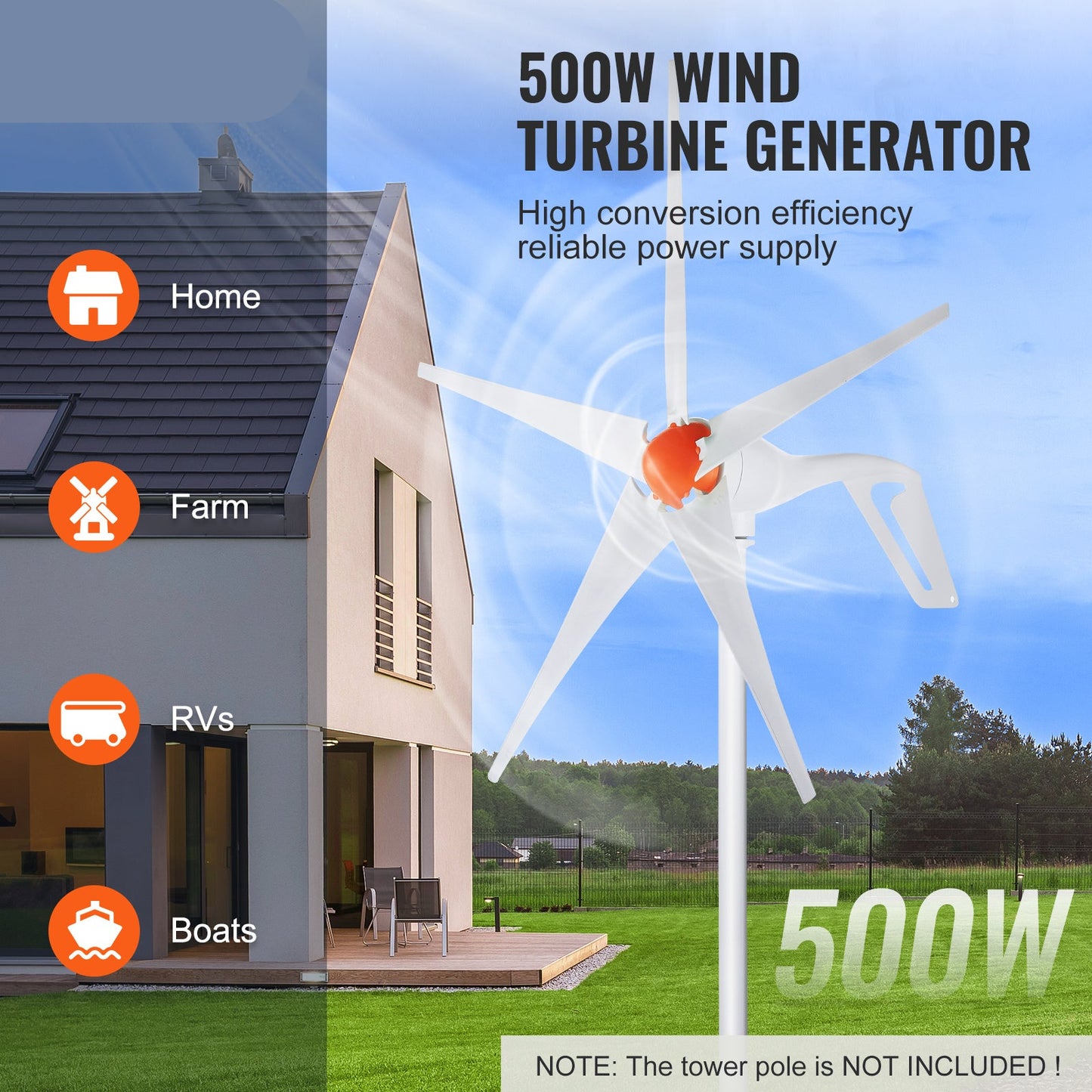 Windgenerator – Windturbine – Windmolen – Windenergie Generator – 500W Vermogen – 12V Met Verstelbare Windrichting