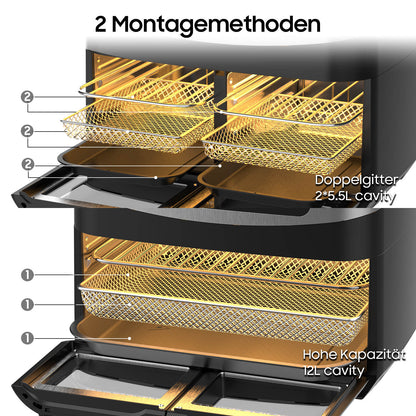 Airfryer – Heteluchtfriteuse – Snackmaker – Digitale Friteuse – Gezonde Airfryer – 12L XXL Inhoud – Dubbele Kookkamers – 2600W Vermogen