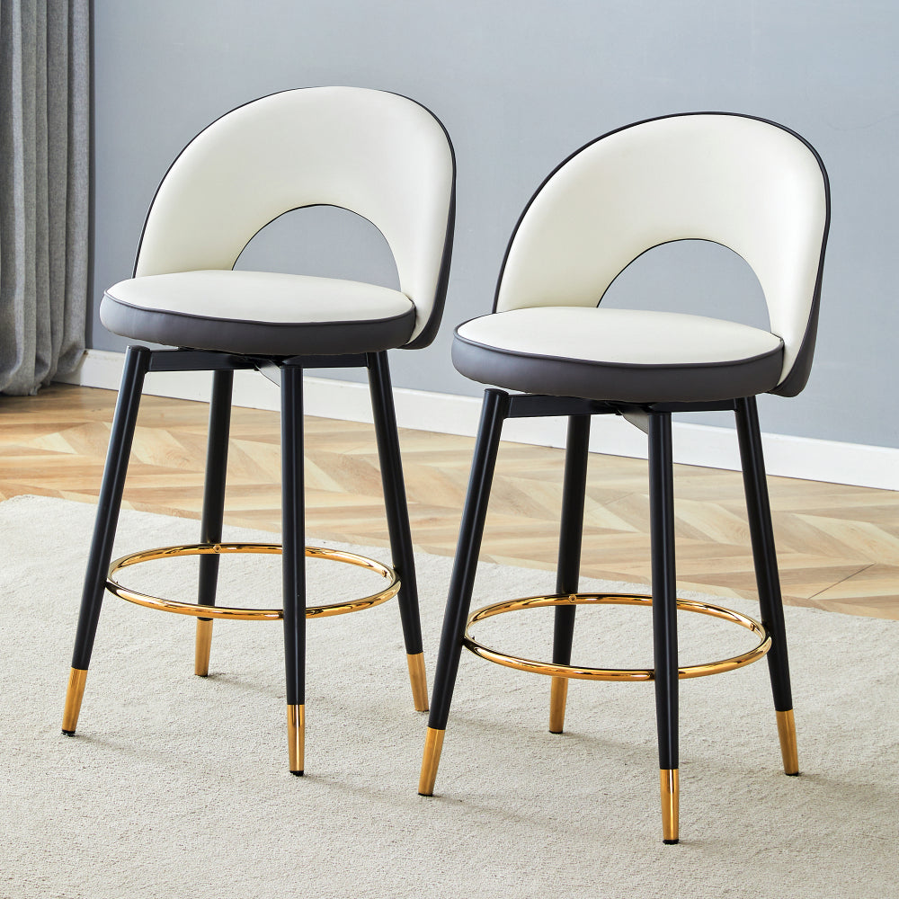 360° Draaibare Barkruk – Moderne Wit & Donkergrijs Twee-Tonen PU Kruk met Zachte Gewatteerde Zitting en Rugleuning, Eenvoudig te Monteren, Perfect voor Keuken, Eetkamer of Terras