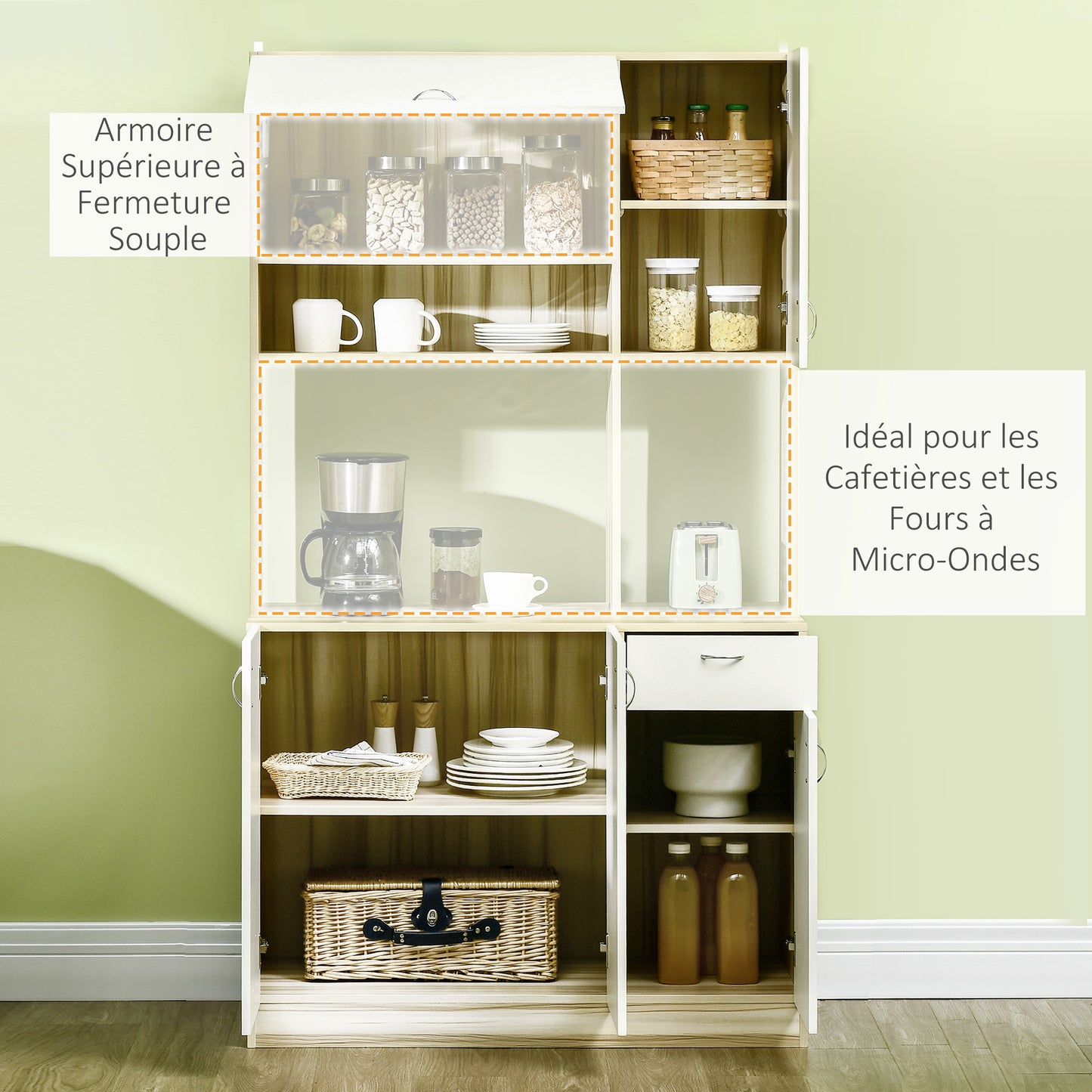 Keukenbuffet – Keukenkast – Dressoir – Kast – Opbergmeubel – Wit/Natuurlijk Hout – Verstelbare Planken – Anti-Kantel Systeem