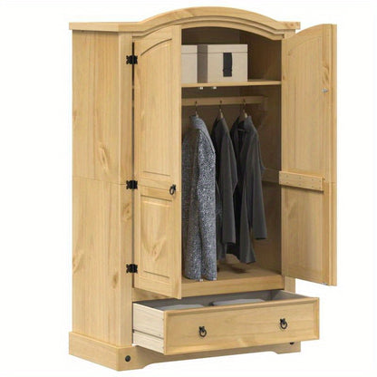 Kledingkast – Garderobekast – Linnenkast – Kledingopberger – Dressoirkast – Massief Dennenhout – Vrijstaand Ontwerp – 101x52x170 cm – Met Deuren, Lades en Haken – Duurzaam Bruin