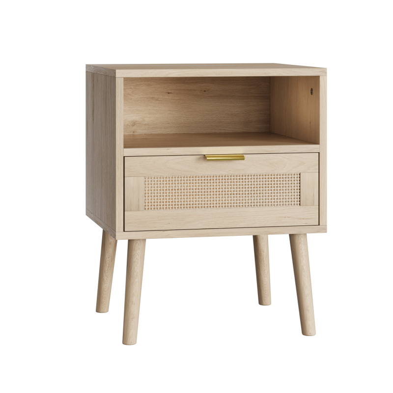 Nachtkastje – Bedkastje – Bijzettafel – Ladekastje – Tafel – Bohemian Stijl – Licht Eikenlook – Open Plank – Compact 45x40x55 cm