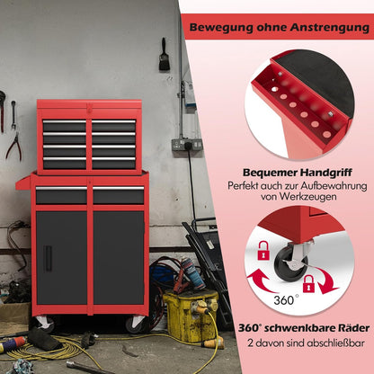 Gereedschapswagen – Werkplaatswagen – Toolcart – Mobiele Gereedschapskar – Werkbank Op Wielen – 2-in-1 Afneembare Bovenkast – 8 Vakken Met Verstelbare Planken – 100 Kg Draagkracht – Metaal Zwart-Rood