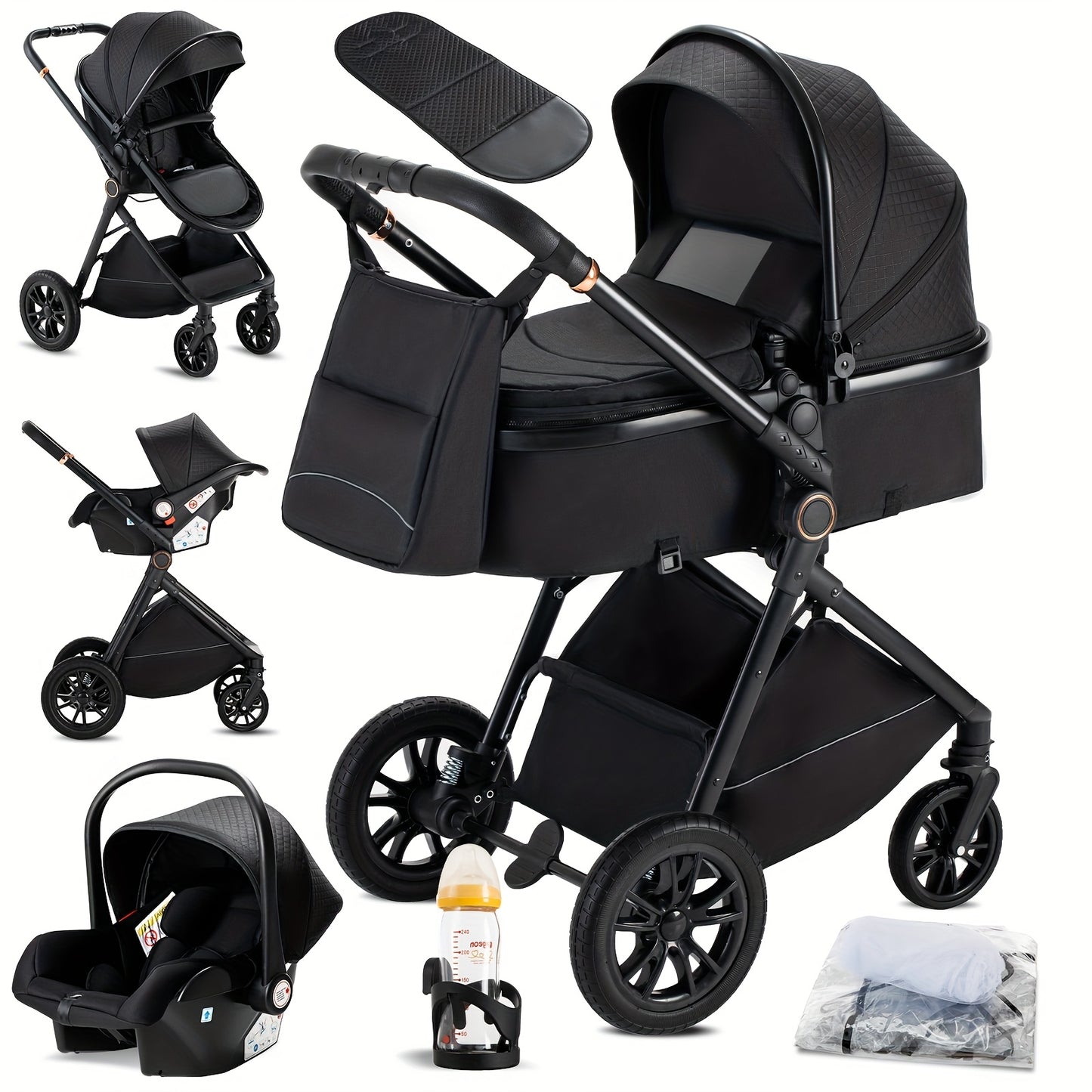 3-in-1 Kinderwagen – Buggy – Combi Kinderwagen – Babybedje – Wandelwagen – Lichtgewicht Aluminium Frame – Eénhandige Vouwfunctie – Roze