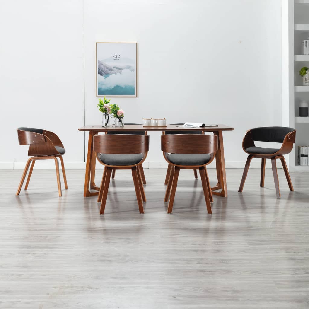 Eetkamerstoel – Eettafelstoel – Keukenstoel – Stoel – Kuipstoel – Set van 6 – Massief Houten Frame – Zachte Grijze Stof