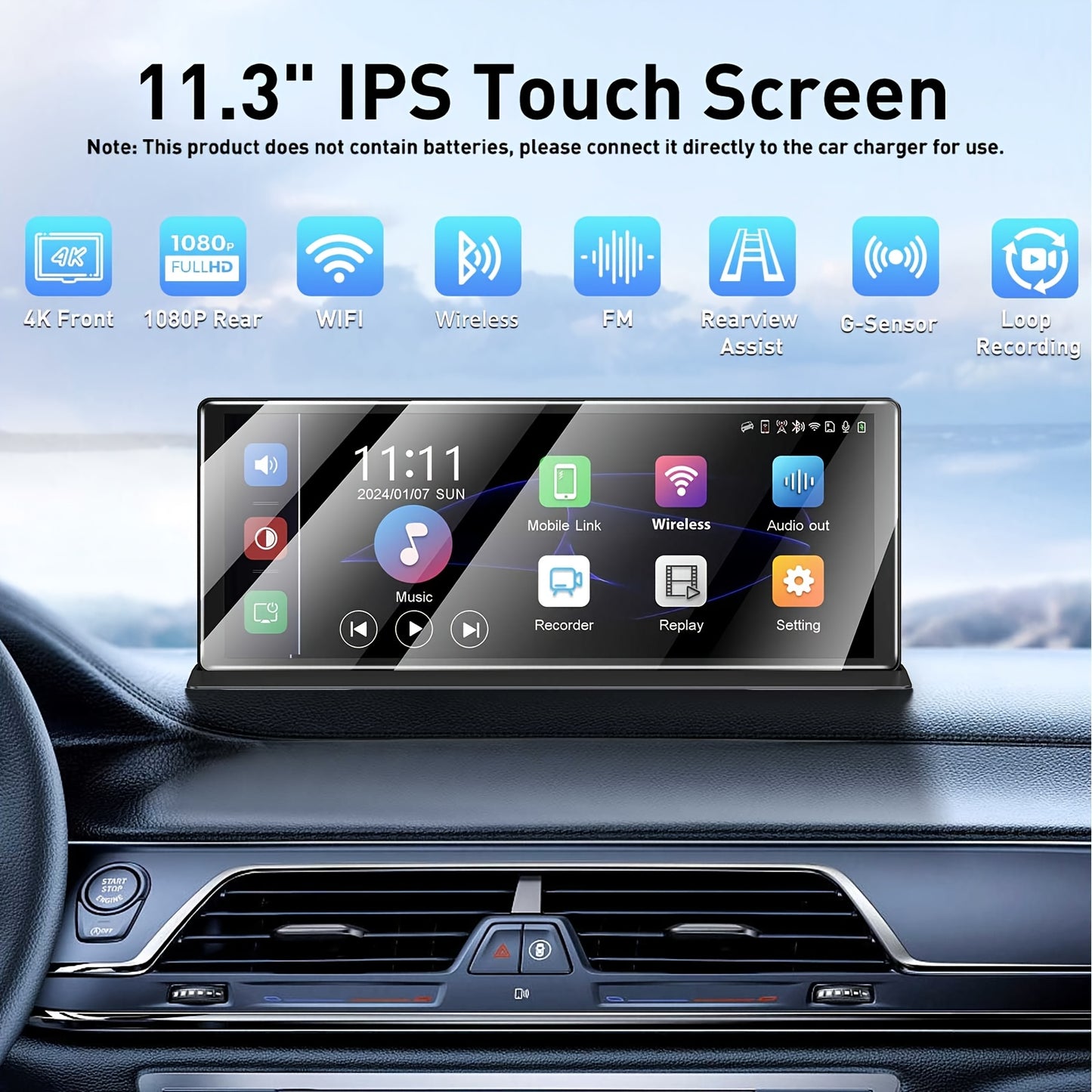 11,3 inch Draadloze Carplay Display – Multimediasysteem – Navigatiesysteem – Touchscreen Radio – Auto Entertainment – Met Dual Camera & GPS Antenne – 4K Voorste Dashcam & 1080P Achteruitrijcamera