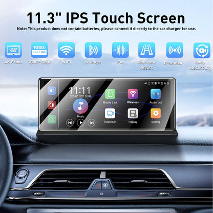 11,3 inch Draadloze Carplay Display – Multimediasysteem – Navigatiesysteem – Touchscreen Radio – Auto Entertainment – Met Dual Camera & GPS Antenne – 4K Voorste Dashcam & 1080P Achteruitrijcamera