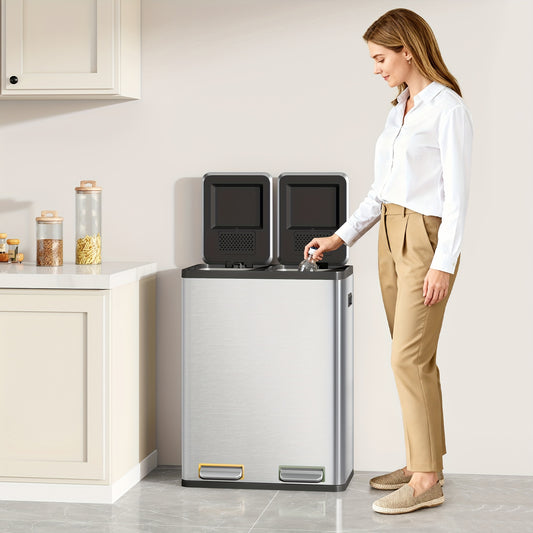 Kitchen Waste Bin, Waste Sorting System, 2 Compartments, 60L (2 X 30L), Stainless Steel Kitchen Waste Bin, with Color-coded Pedal, Quiet And Slow Bin Descent, Including 15 Waste Bags Laundry Hampers, Garbage Bin for Kitchen - QUORE