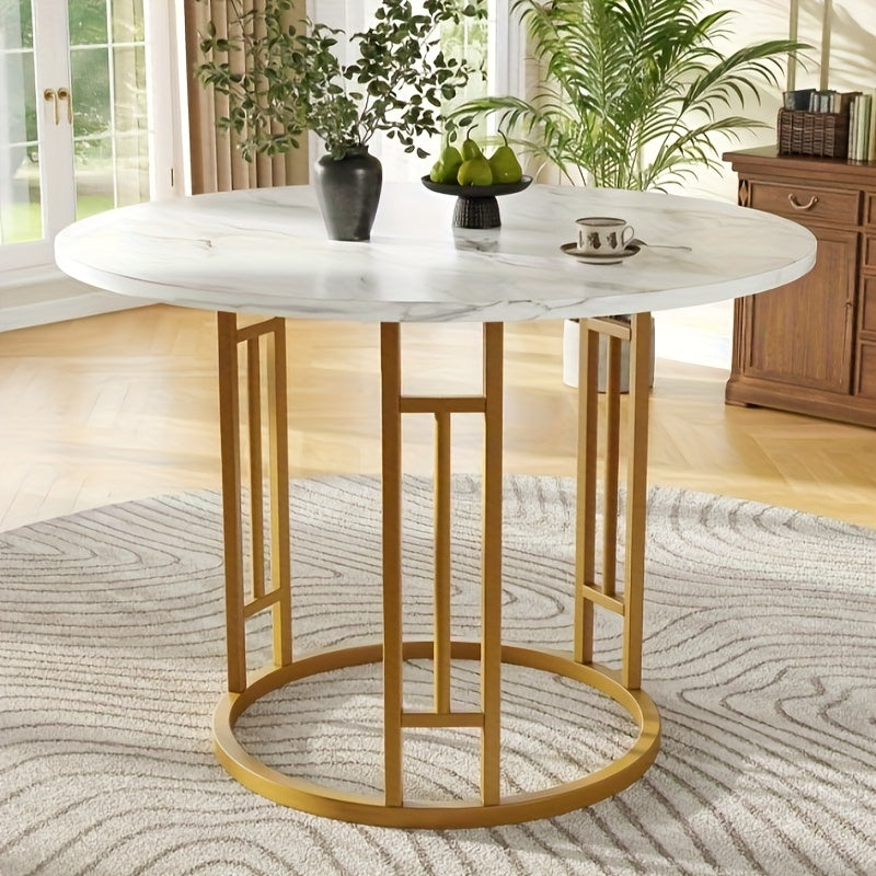 Eettafel – Ronde Tafel – Keukentafel – Dinertafel – Huiskamer Tafel – Marmerlook MDF Blad – Gouden Metalen Poot – Compact 80x80x76 cm – Voor 4 Personen