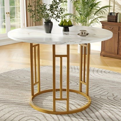 Eettafel – Ronde Tafel – Keukentafel – Dinertafel – Huiskamer Tafel – Marmerlook MDF Blad – Gouden Metalen Poot – Compact 80x80x76 cm – Voor 4 Personen