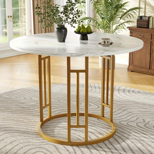 Eettafel – Ronde Tafel – Keukentafel – Dinertafel – Huiskamer Tafel – Marmerlook MDF Blad – Gouden Metalen Poot – Compact 80x80x76 cm – Voor 4 Personen