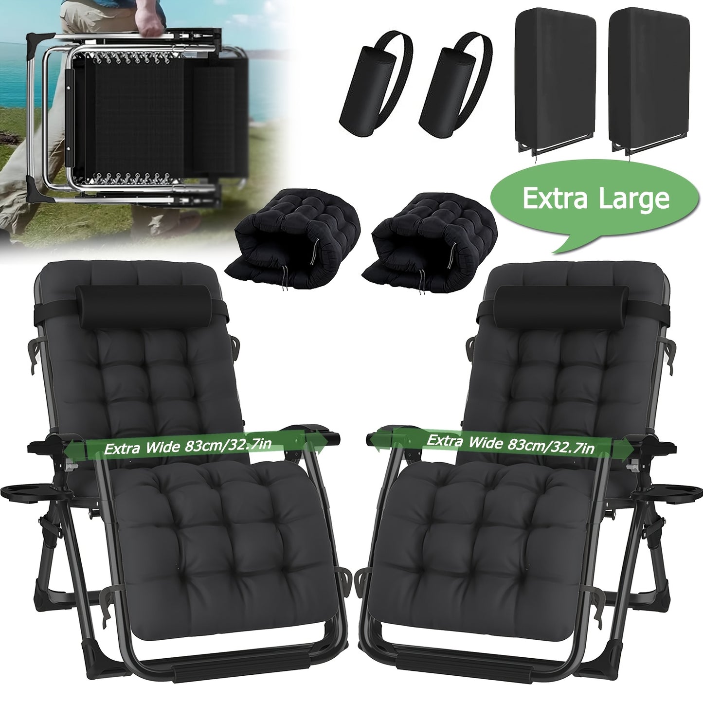 Tuinstoel – Ligstoel – Loungestoel – Relaxstoel – Balkonstoel – Inklapbaar – Extra Breed 83 cm – Verstelbare Rugleuning Met Kussen en Bekerhouder – Max. 180 kg
