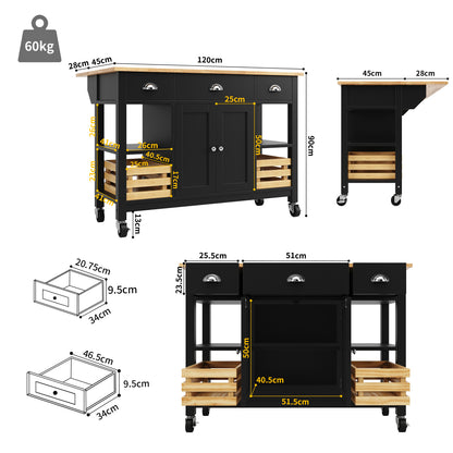 Keukentrolley – Serveerwagen – Keukenwagen – Opbergtrolley – Trolley op Wieltjes – Modern – 120x45x90 cm – Duurzaam Non-Hout – Makkelijk te Verplaatsen