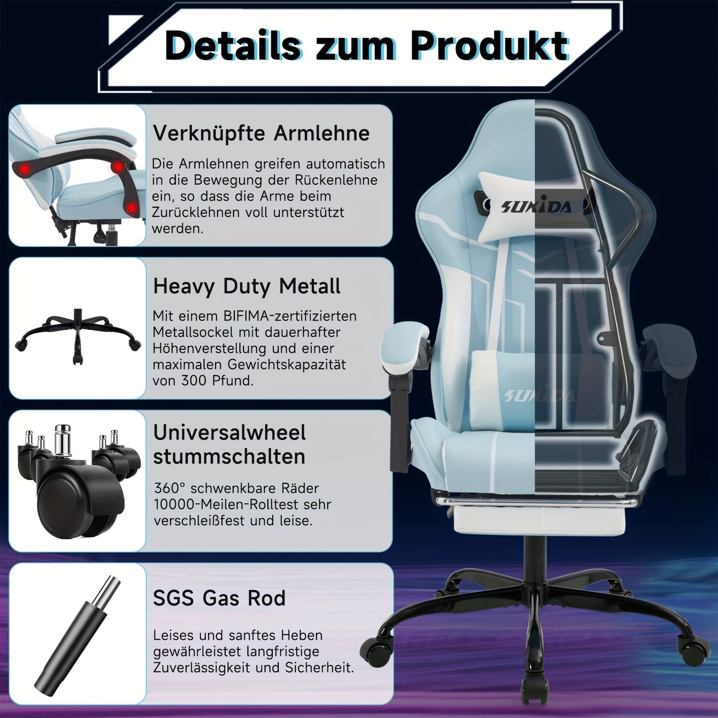 Gamingstoel – Gamestoel – Bureaustoel – Gaming Chair – Game Stoel – Met Voetensteun en Brede Zitting – Ergonomisch 135° Kantelbaar – Verstelbare Hoogte & Stille Wieltjes