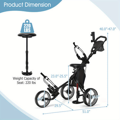 3-Wiel Golf Trolley – Golf Pushcart – Golfkar – Golfwagen – Golf Buggy – Verstelbare Zitting & Handgreep – Lichtgewicht PP Materiaal – Grijs