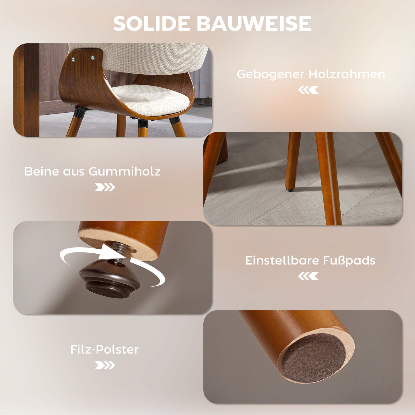 Eetkamerstoel – Stoel – Zithoekstoel – Eetkamerstoel Zonder Armleuning – Linnenlook Stof – Ergonomische Gebogen Rugleuning – Rubberhouten Poten – Verstelbare Voetzolen
