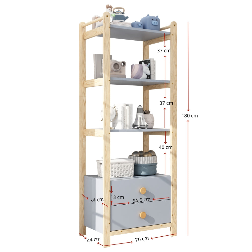 Boekenkast – Boekenrek – Opbergkast – Vakkenkast – Stellingkast – 4-Laags Met 2 Lades – Grenenhout En Blauw Gelamineerd Spaanplaat – Stevig En Ruim 70x44x180 cm