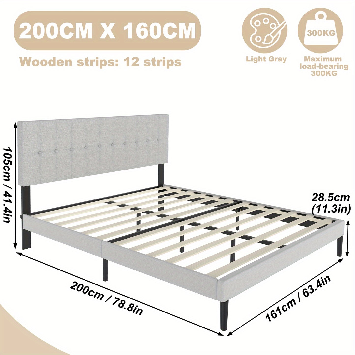 Bedframe – Bed – Bedframe Gestoffeerd – Slaapkamerbed – Linnen Bed – Lichtgrijs – 160x200 cm – Stevig Metalen Frame – 12 Lattenbodem