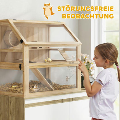 Knaagdierkooi – Hamsterkooi – Gerbilkooi – Muizenkooi – Chinchillakooi – 3-laags Houten Kooi – Ruim Met Loophelling – Natuurlijke Materialen – Goede Ventilatie