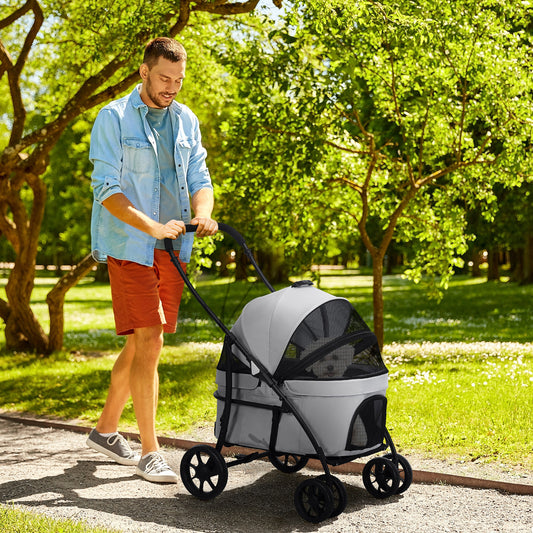 Wandelwagen Huisdier – Dierenwagen – Hondenwagen – Kattenwagen – Draagmand – 2-in-1 Ontwerp – Stevig Stalen Frame – Lichtgewicht 600D Oxford Grijs