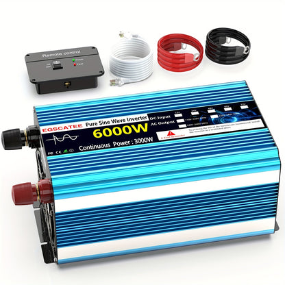 3000W Pure Sinus Omvormer – Stroomomvormer – Spanning Converter – DC Naar AC Omzetter – Camping Accu Omvormer – 6000W Piekvermogen – LCD Display & Afstandsbediening – Blauw
