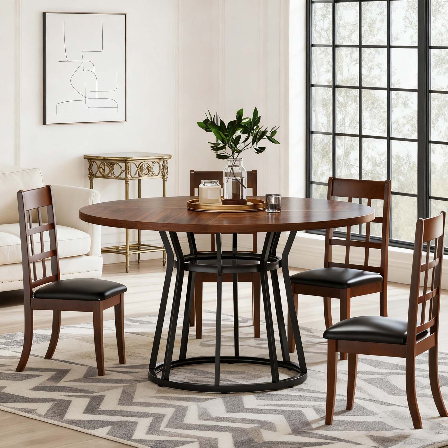 Ronde Eettafel – Ronde Tafel – Eetkamertafel – Keukentafel – Tafel Voor 4 Personen – 119,89 cm Diameter – Bruin Onderstel Metaal