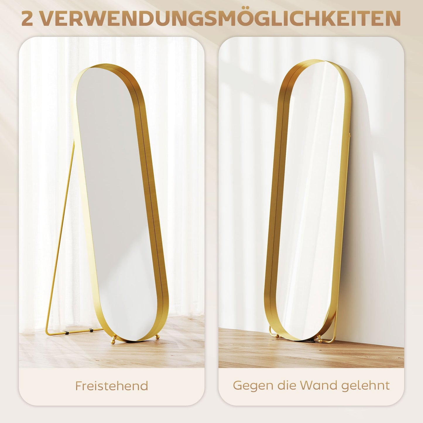 Staande Spiegel – Full-Length Spiegel – Vloerspiegel – Wandspiegel – Goudkleurige Spiegel – Metaalrand – 160x50 cm – Zonder Elektriciteit