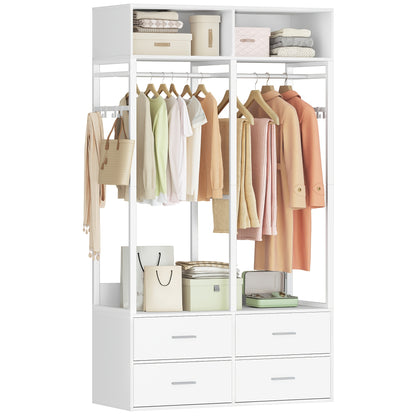 Open Kledingkast – Open Garderobekast – Kledingrek – Dressoir – Opbergkast – Wit – Met 4 Houten Lades – Stevig Metaal & MDF – Moderne Strakke Vormgeving – 100x43x185 cm – Vloerstaand