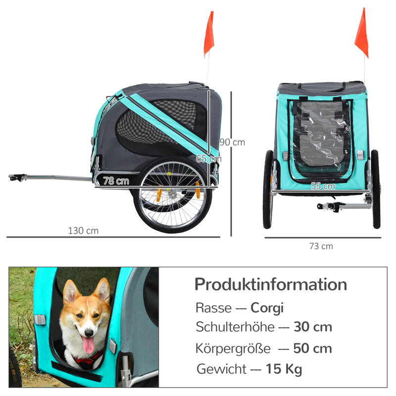 Heavy-Duty Foldable Dog Bike Trailer for & - 20kg Capacity (44 lbs) All-Terrain with Cover, Large, Barrier & Bike Attachment - Steel Frame (Grey/Green) Bike Trailer for Large Dogs