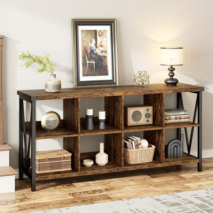 Boekenkast – Vakkenkast – Opbergkast – Boekenrek – Wandkast – 8 Vakken – Rustiek Bruin Hout – Metaal Frame – Laag Ontwerp – Eenvoudige Montage