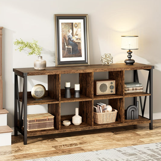 Boekenkast – Vakkenkast – Opbergkast – Boekenrek – Wandkast – 8 Vakken – Rustiek Bruin Hout – Metaal Frame – Laag Ontwerp – Eenvoudige Montage