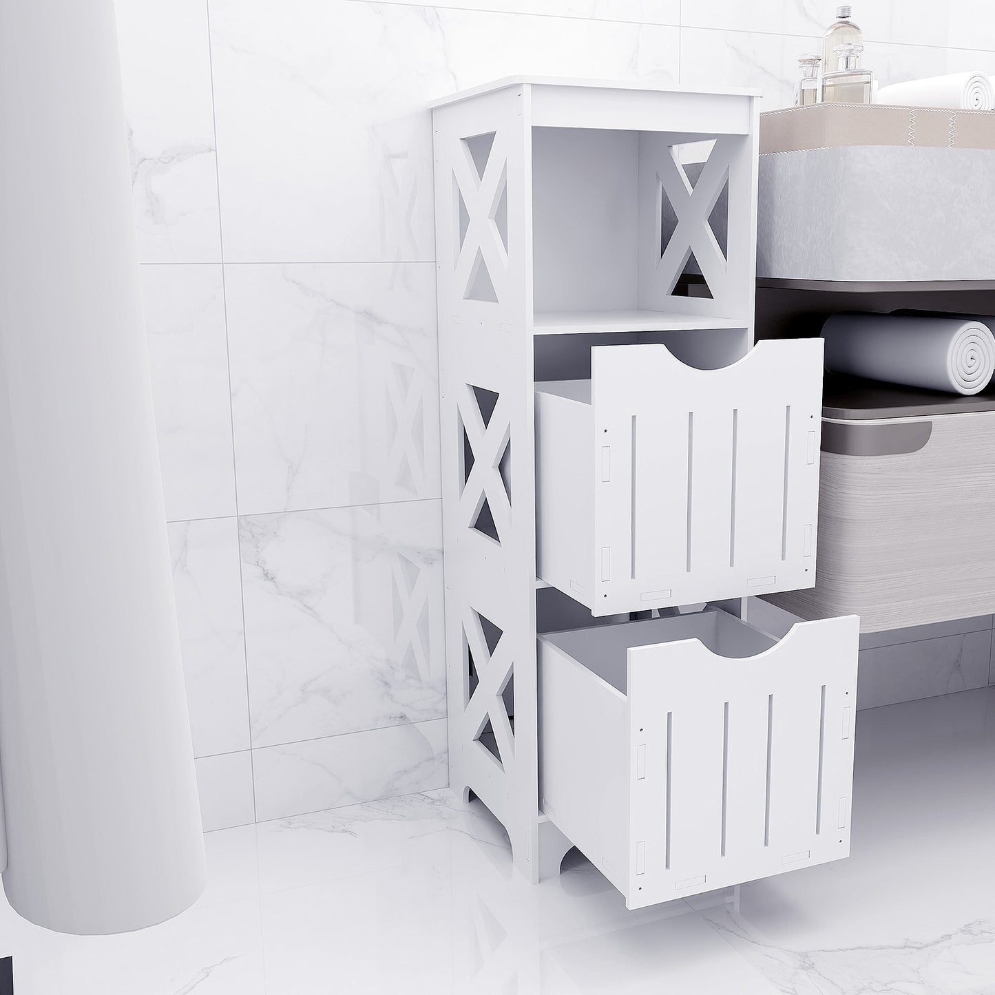 Badkamerkast – Opbergkast – Badkamermeubel – Kast Met Laden – Smalle Kast Wit – Compact 89x30x30 cm – Vochtbestendig Kunststof