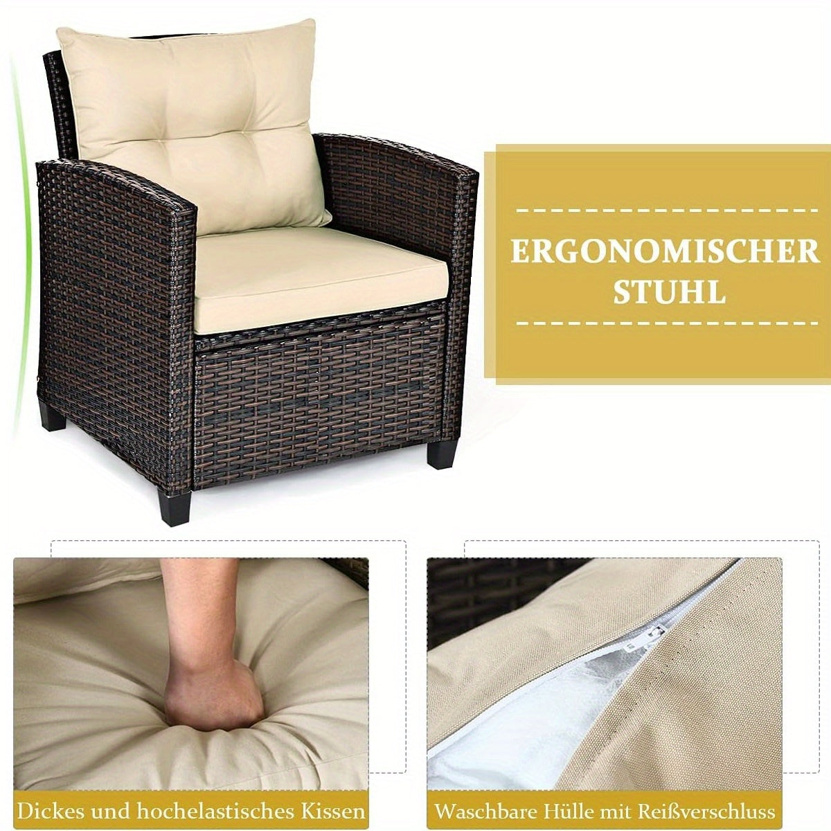 3-delige Rattan Tuinset – Buitenmeubelset – Patio Hoekbank – Balkonmeubilair – Rattan Loungeset – Weerbestendig – Wit Met Kussens